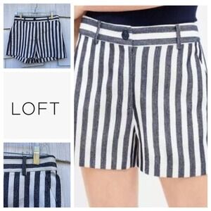 LOFT Women's Striped Linen Blend Shorts Navy White Nautical Style Size 0